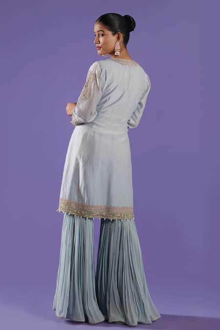 Label Radini Mist Blue Chanderi Embroidered Sharara Set 