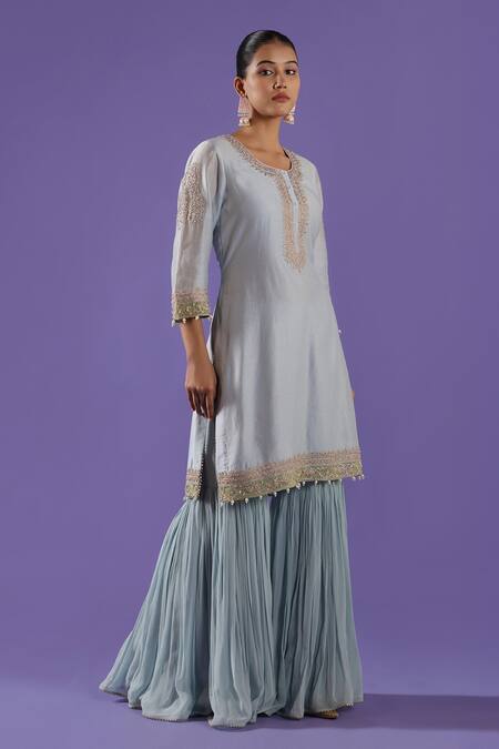 Buy_Label Radini_Blue Chanderi Embroidery Round Neck Mist Sharara Set _Online_at_Aza_Fashions