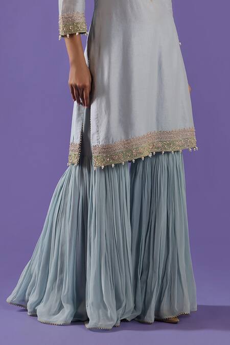 Shop_Label Radini_Blue Chanderi Embroidery Round Neck Mist Sharara Set _Online_at_Aza_Fashions