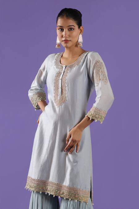 Label Radini_Blue Chanderi Embroidery Round Neck Mist Sharara Set _at_Aza_Fashions