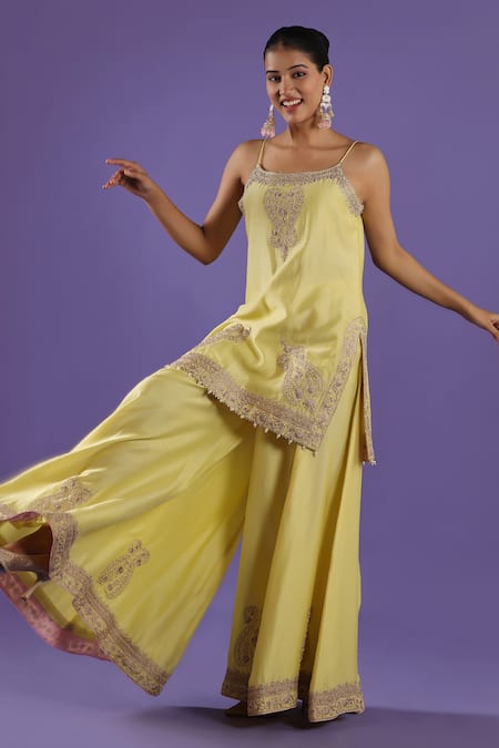 Label Radini_Yellow Chanderi Embroidery Open Neck Lemon Sharara Kurta Set _Online_at_Aza_Fashions