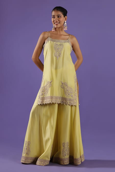 Buy_Label Radini_Yellow Chanderi Embroidery Open Neck Lemon Sharara Kurta Set _Online_at_Aza_Fashions