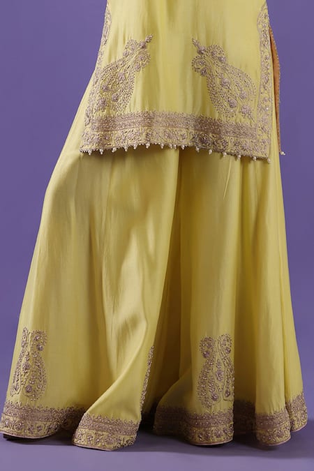 Shop_Label Radini_Yellow Chanderi Embroidery Open Neck Lemon Sharara Kurta Set _Online_at_Aza_Fashions