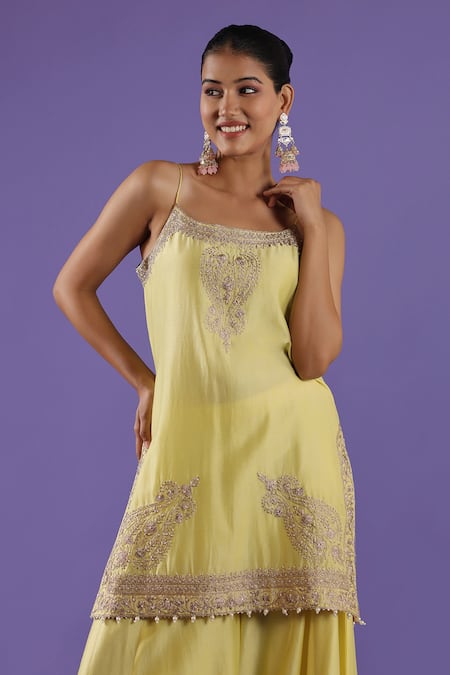 Label Radini_Yellow Chanderi Embroidery Open Neck Lemon Sharara Kurta Set _at_Aza_Fashions