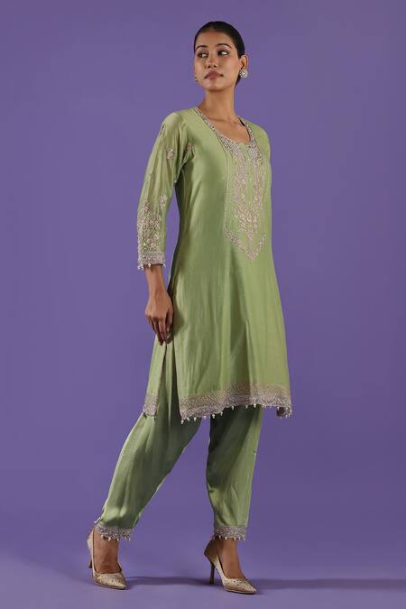 Label Radini_Mint Chanderi Zari, Pearls Round Neck Green Choga Set _Online_at_Aza_Fashions