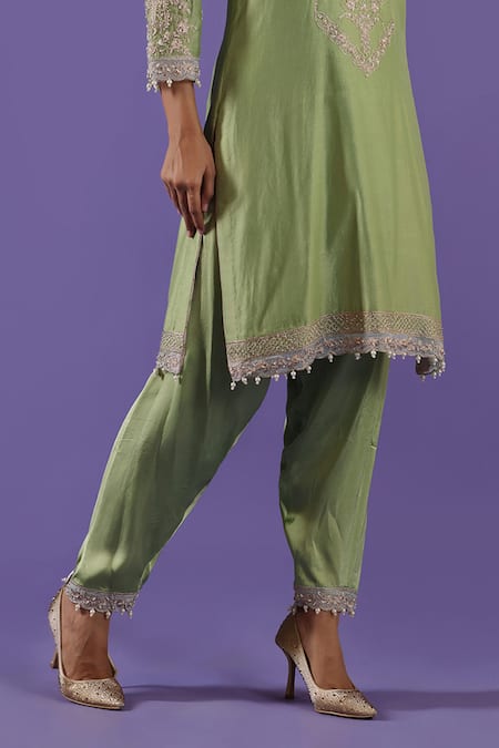 Buy_Label Radini_Mint Chanderi Zari, Pearls Round Neck Green Choga Set _Online_at_Aza_Fashions