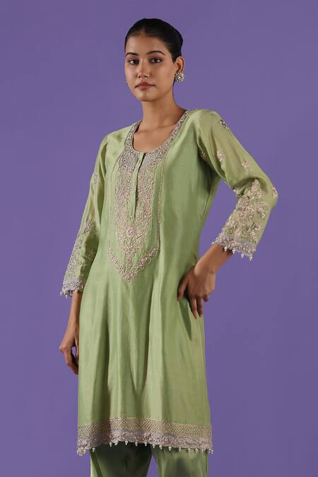 Shop_Label Radini_Mint Chanderi Zari, Pearls Round Neck Green Choga Set _Online_at_Aza_Fashions