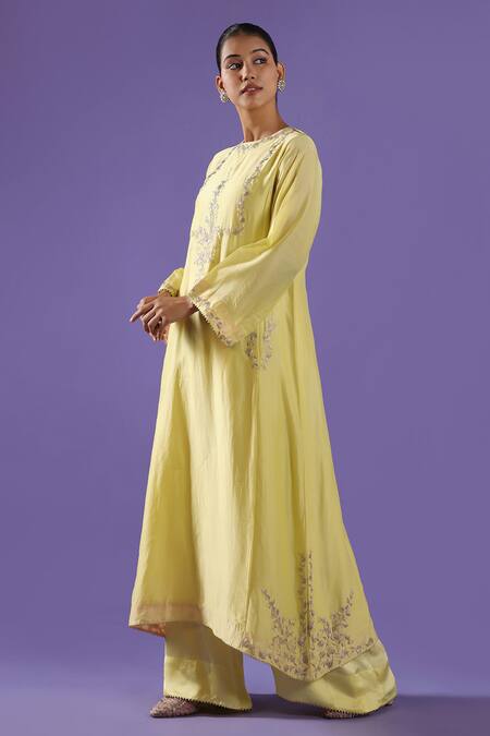 Label Radini_Yellow Chanderi Embroidery Round Neck Lemon Palazzo And Choga Kurta Set _Online_at_Aza_Fashions
