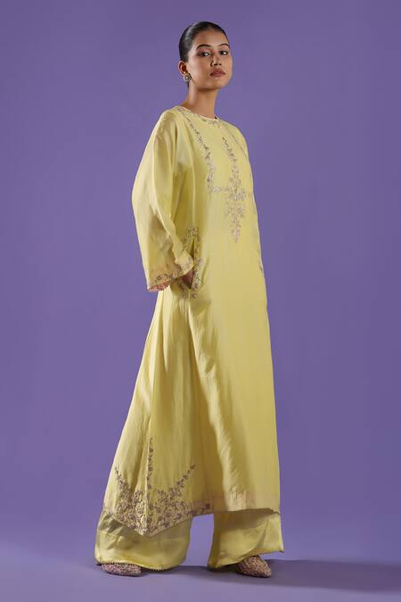 Buy_Label Radini_Yellow Chanderi Embroidery Round Neck Lemon Palazzo And Choga Kurta Set _Online_at_Aza_Fashions