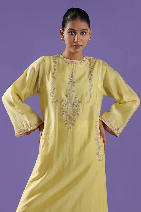 Shop_Label Radini_Yellow Chanderi Embroidery Round Neck Lemon Palazzo And Choga Kurta Set _Online_at_Aza_Fashions