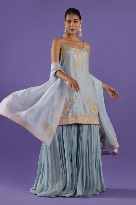 LABEL RADINI Blue Chanderi Embroidery Open Neck Pastel Sharara Set 