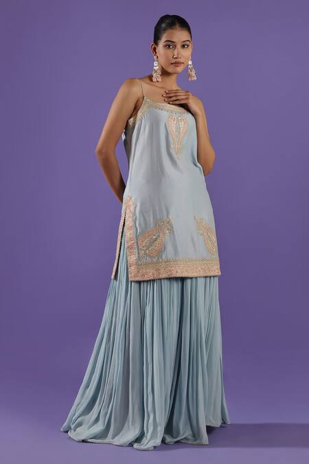 Label Radini_Blue Chanderi Embroidery Open Neck Pastel Sharara Set _Online_at_Aza_Fashions