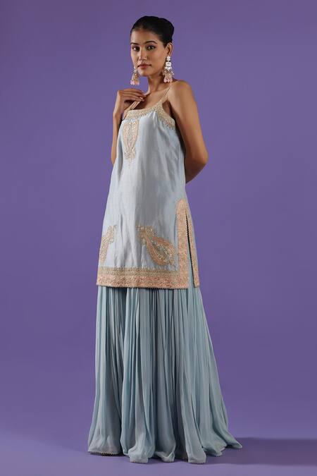 Buy_Label Radini_Blue Chanderi Embroidery Open Neck Pastel Sharara Set _Online_at_Aza_Fashions