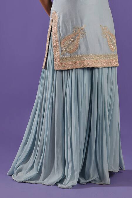 Shop_Label Radini_Blue Chanderi Embroidery Open Neck Pastel Sharara Set _Online_at_Aza_Fashions