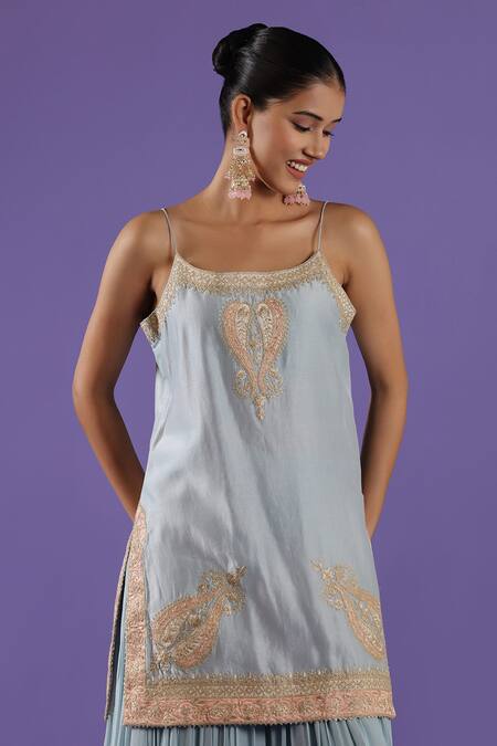 Label Radini_Blue Chanderi Embroidery Open Neck Pastel Sharara Set _at_Aza_Fashions