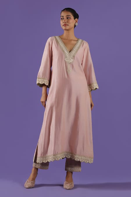 Label Radini_Blush Chanderi Zari, Tassels V-neck Pink Tilla A-line Set _Online_at_Aza_Fashions