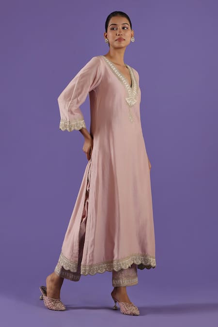 Buy_Label Radini_Blush Chanderi Zari, Tassels V-neck Pink Tilla A-line Set _Online_at_Aza_Fashions