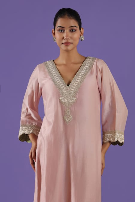 Shop_Label Radini_Blush Chanderi Zari, Tassels V-neck Pink Tilla A-line Set _Online_at_Aza_Fashions