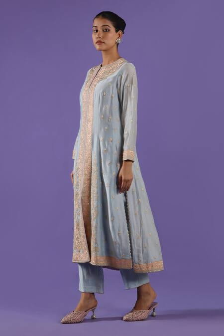Label Radini_Blue Chanderi Embroidery Round Neck Pastel Kurta Set _Online_at_Aza_Fashions