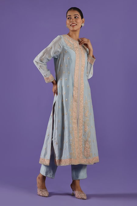 Buy_Label Radini_Blue Chanderi Embroidery Round Neck Pastel Kurta Set _Online_at_Aza_Fashions