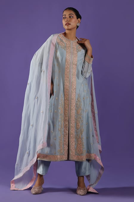 LABEL RADINI Blue Chanderi Embroidery Round Neck Pastel Kurta Set 
