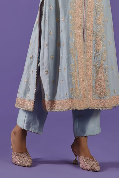 Shop_Label Radini_Blue Chanderi Embroidery Round Neck Pastel Kurta Set _Online_at_Aza_Fashions