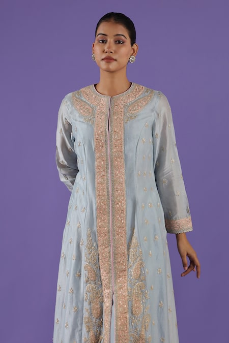 Label Radini_Blue Chanderi Embroidery Round Neck Pastel Kurta Set _at_Aza_Fashions