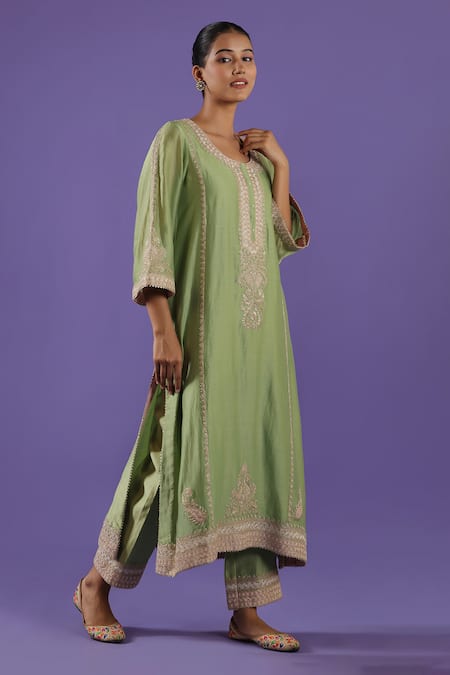 Label Radini_Green Chanderi Embroidery Round Neck Mint Kurta Set _Online_at_Aza_Fashions