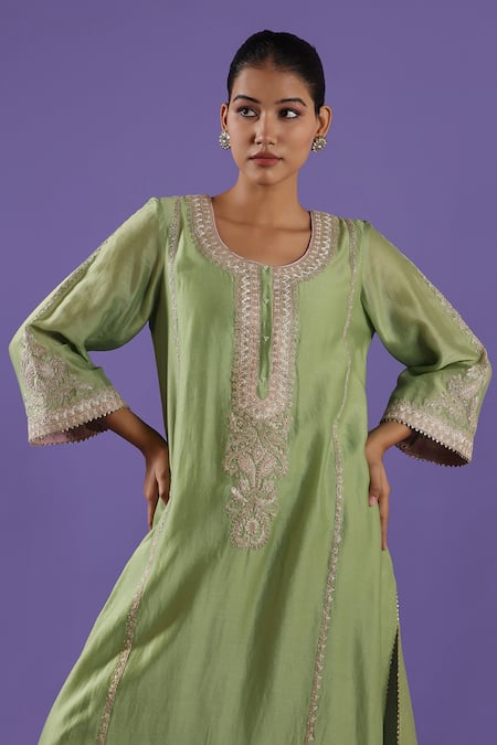 Shop_Label Radini_Green Chanderi Embroidery Round Neck Mint Kurta Set _Online_at_Aza_Fashions