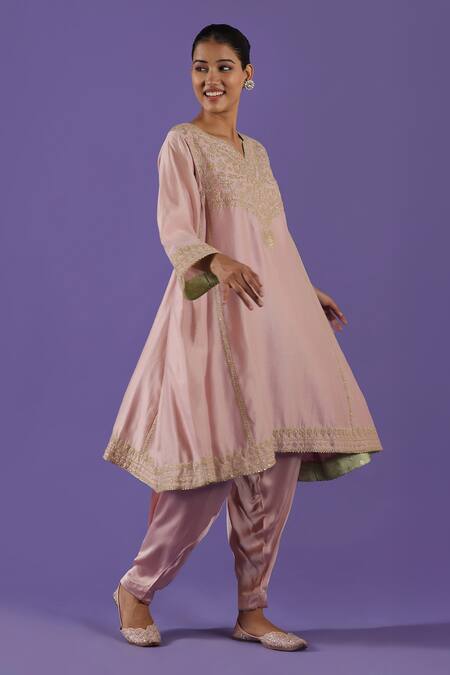 Label Radini_Blush Chanderi Split V-neck Pink Tilla Choga Set _Online_at_Aza_Fashions