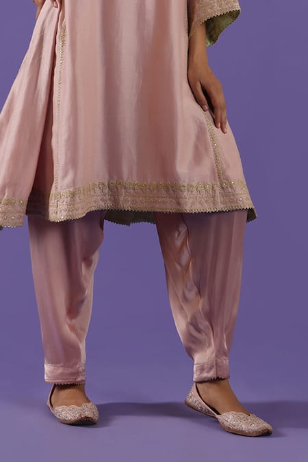 Shop_Label Radini_Blush Chanderi Split V-neck Pink Tilla Choga Set _Online_at_Aza_Fashions