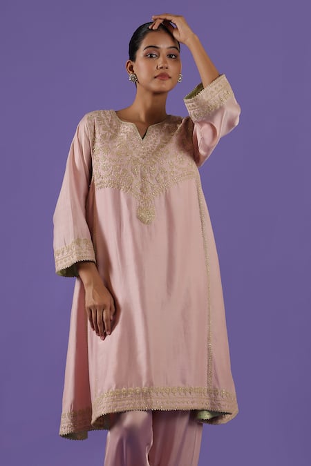 Label Radini_Blush Chanderi Split V-neck Pink Tilla Choga Set _at_Aza_Fashions
