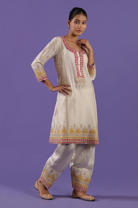 Label Radini_Ivory Chanderi Embroidery Round Neck Tilla Short Kurta Set _Online_at_Aza_Fashions