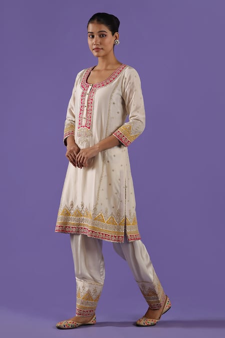 Buy_Label Radini_Ivory Chanderi Embroidery Round Neck Tilla Short Kurta Set _Online_at_Aza_Fashions