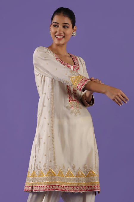 Shop_Label Radini_Ivory Chanderi Embroidery Round Neck Tilla Short Kurta Set _Online_at_Aza_Fashions