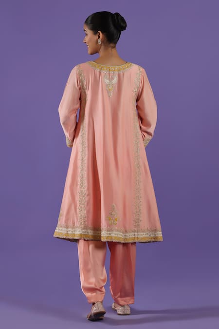 Label Radini Peach Chanderi Kashmiri Tilla Choga Kurta With Salwar 