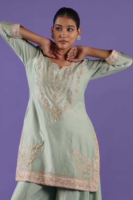 Label Radini_Blue Chanderi Embroidery Round Neck Sharara Set _Online_at_Aza_Fashions