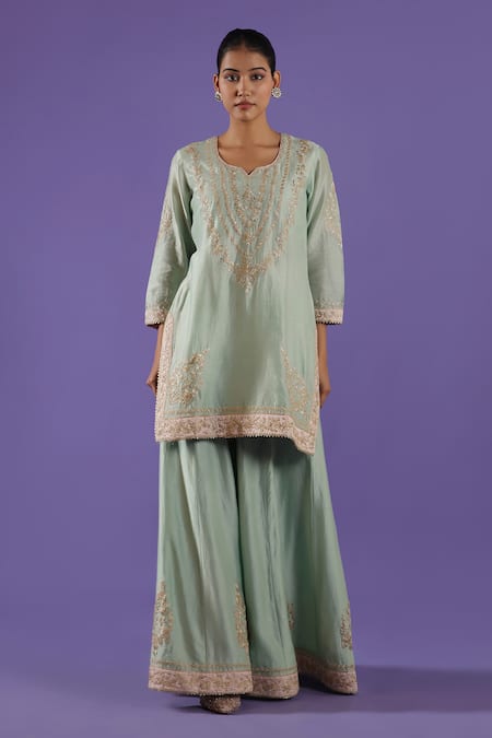 Buy_Label Radini_Blue Chanderi Embroidery Round Neck Sharara Set _Online_at_Aza_Fashions