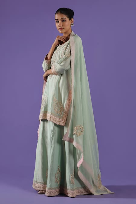 LABEL RADINI Blue Chanderi Embroidery Round Neck Sharara Set 