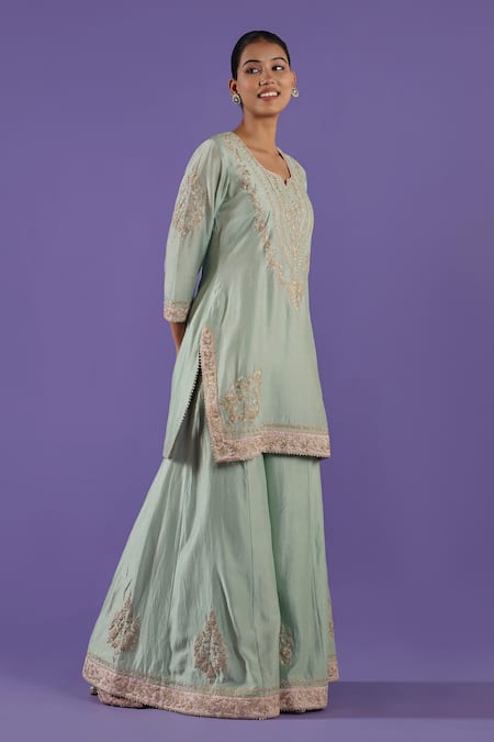 Shop_Label Radini_Blue Chanderi Embroidery Round Neck Sharara Set _Online_at_Aza_Fashions