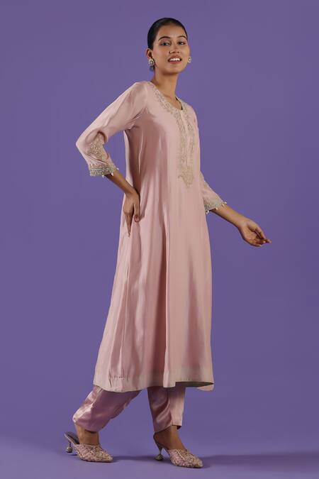 Label Radini_Blush Chanderi Pearls, Embroidery Round Neck Pink Zari Set _Online_at_Aza_Fashions