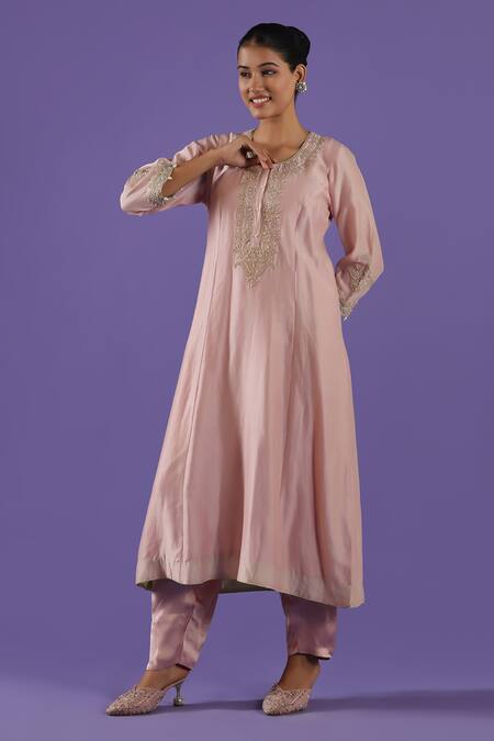 Buy_Label Radini_Blush Chanderi Pearls, Embroidery Round Neck Pink Zari Set _Online_at_Aza_Fashions