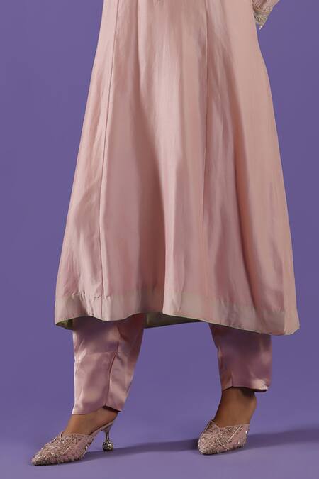 Shop_Label Radini_Blush Chanderi Pearls, Embroidery Round Neck Pink Zari Set _Online_at_Aza_Fashions