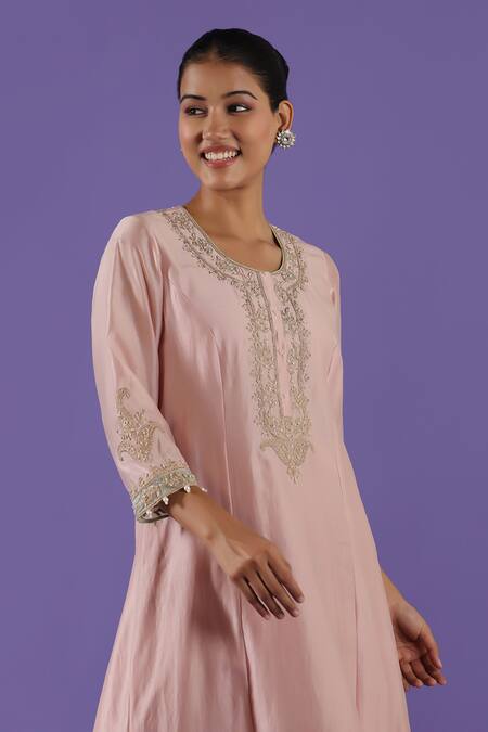 Label Radini_Blush Chanderi Pearls, Embroidery Round Neck Pink Zari Set _at_Aza_Fashions