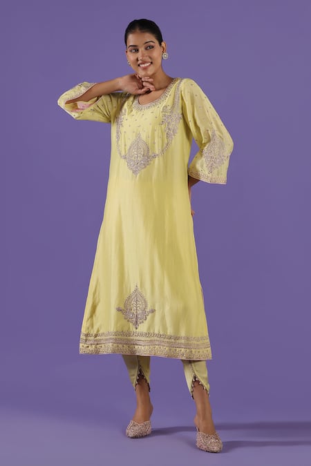 Label Radini_Lavender Chanderi Pearls, Embroidery Round Neck Lemon Aari Dhoti Kurta Set _Online_at_Aza_Fashions