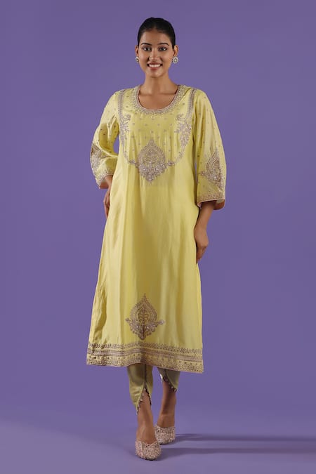 Buy_Label Radini_Lavender Chanderi Pearls, Embroidery Round Neck Lemon Aari Dhoti Kurta Set _Online_at_Aza_Fashions