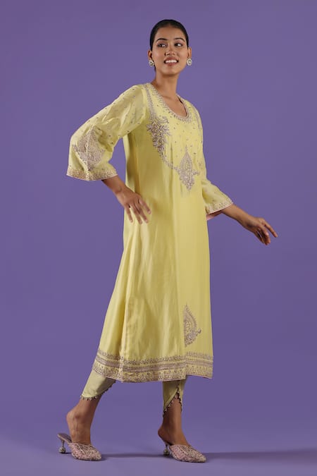 Shop_Label Radini_Lavender Chanderi Pearls, Embroidery Round Neck Lemon Aari Dhoti Kurta Set _Online_at_Aza_Fashions