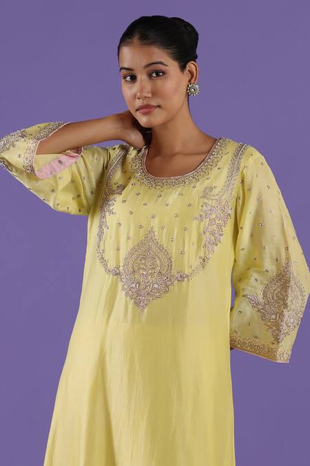 Label Radini_Lavender Chanderi Pearls, Embroidery Round Neck Lemon Aari Dhoti Kurta Set _at_Aza_Fashions