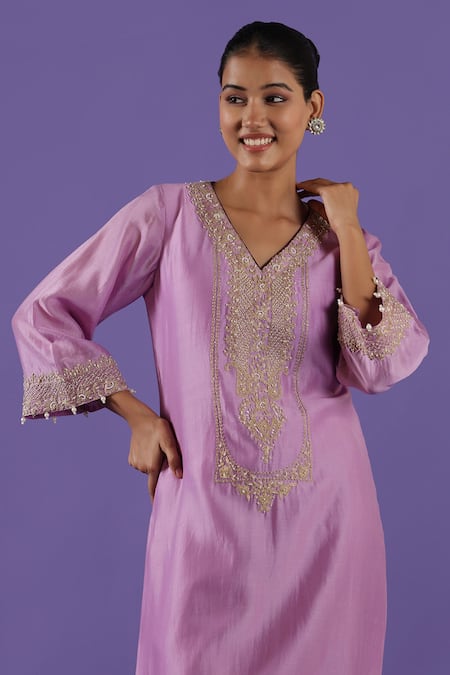 Shop_Label Radini_Lilac Chanderi Embroidery Split V-neck Kurta Set _Online_at_Aza_Fashions