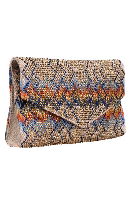Buy_Etcetera_Beige Crystals, Embroidery Jute Thread Clutch _Online_at_Aza_Fashions